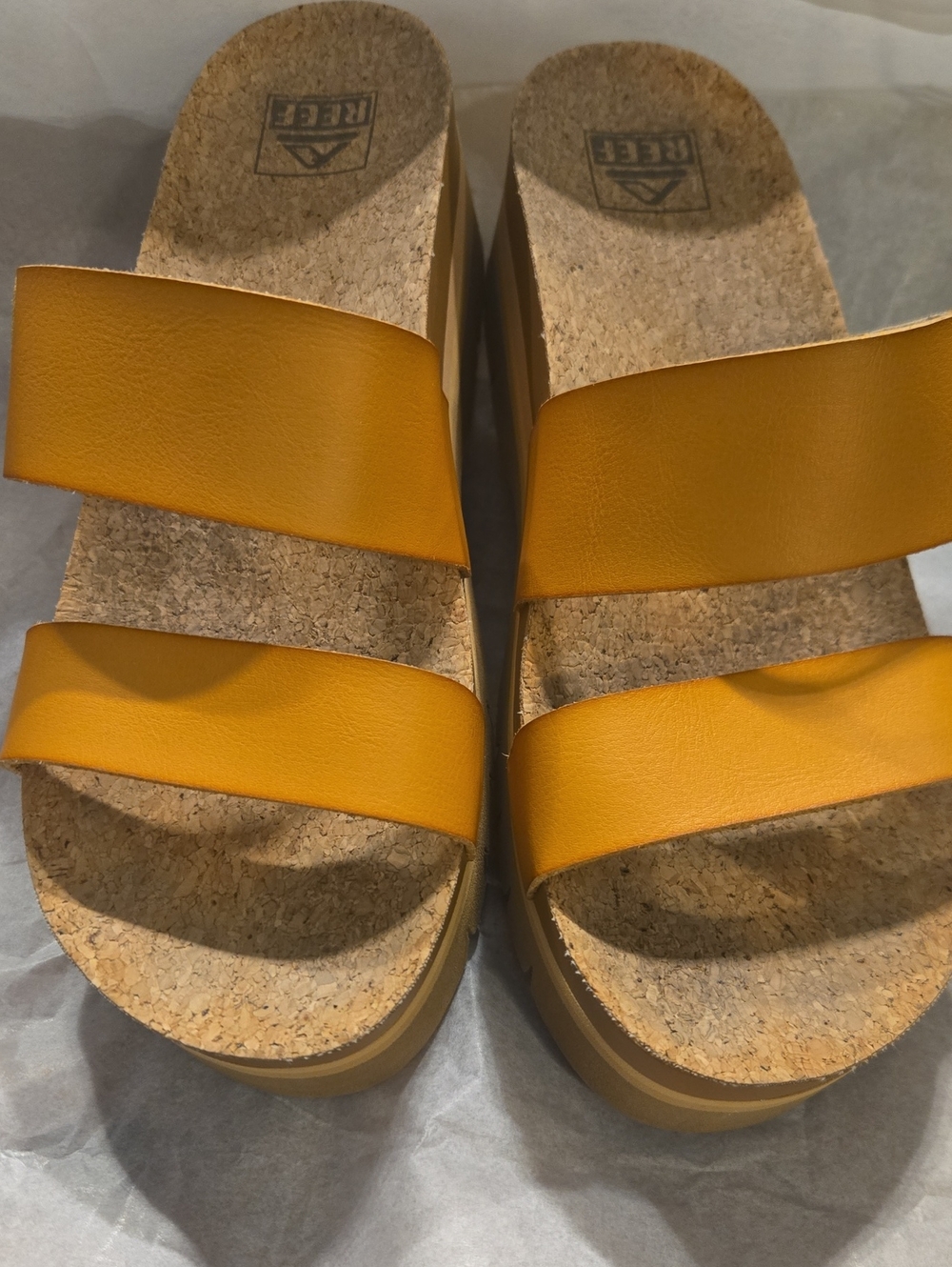 Reef Women's Yellow Double-Strap Cork Platform Slide Sandals